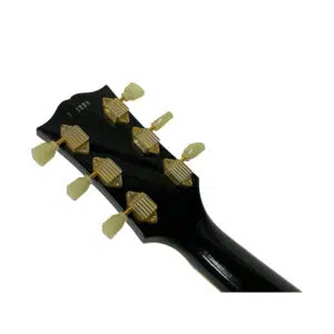 Gibson Custom 1957 Les Paul Reissue SN 71228 headstock, six gold tuners with cream keys on white background, preowned.
