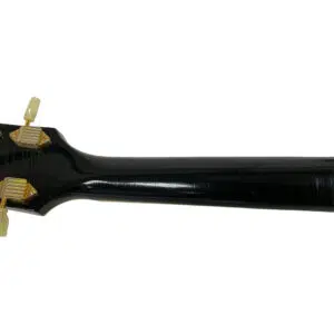 Black Gibson Custom 1957 Les Paul Reissue SN 71228 guitar neck, gold tuners, cream buttons, white background.