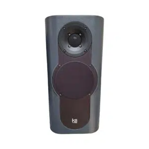 Preowned Kii THREE Dark Grey speakers (SN 3002/3003) with remote, circular tweeter, and Kii logo; shown on white.