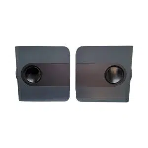 Kii THREE Dark Grey Powered Speakers Pair (SN 3002/3003) with remote; circular front openings, shown side by side.