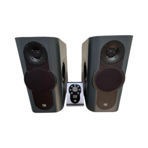 Kii THREE dark grey powered speakers (pair, SN 3002/3003) with circular drivers and black remote; white background.