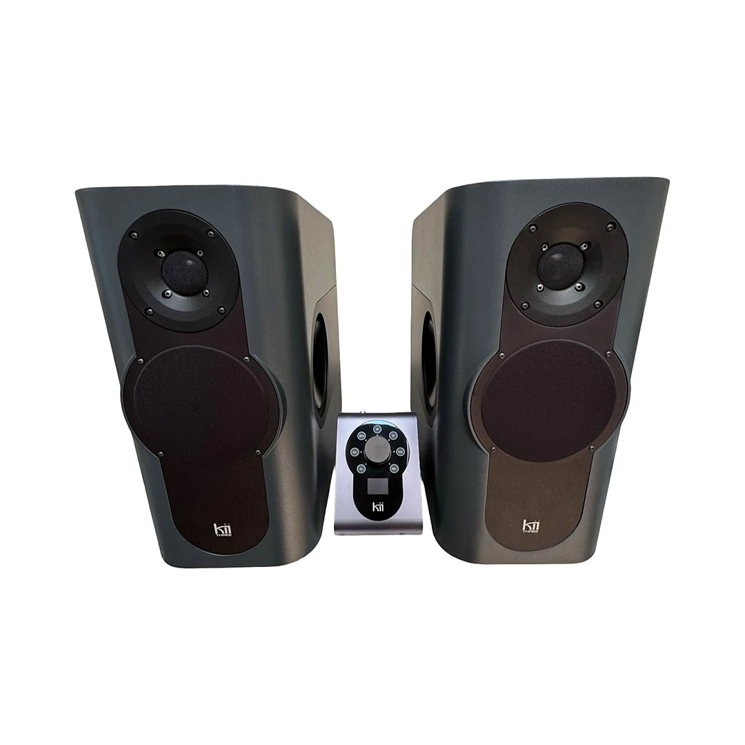 Kii THREE dark grey powered speakers (pair, SN 3002/3003) with circular drivers and black remote; white background.
