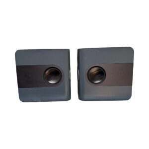 Preowned Kii THREE Dark Grey Powered Speakers Pair with Remote (SN 3002/3003), shown side by side on white background.