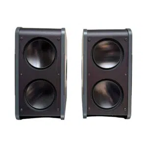 Preowned Kii THREE Dark Grey Pair (SN 3002/3003) with remote, both speakers front-facing on white background.