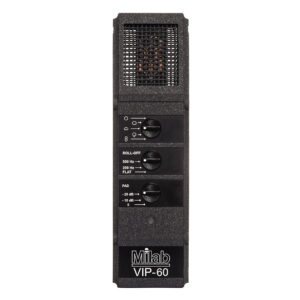Milab VIP-60 condenser microphone: black, rectangular body, top grille, three adjustment dials, Milab logo at base.