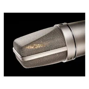 Neumann U 87 Ai Set Z large-diaphragm condenser mic, silver finish, mesh grille, open box on black background.