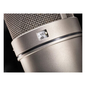Neumann U 87 Ai Set Z condenser mic in silver, features mesh grille, -10 dB switch, and distinct white button on body.