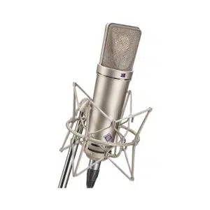 Neumann U 87 Ai Set Z large-diaphragm condenser mic in metallic silver with gold mesh grille, shock mount, on stand, white background.
