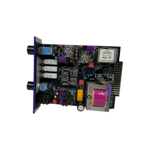 Purple Audio BIZ 500 Series Mic Preamp (SN 1534) circuit board with capacitors, relays, connectors, and pink battery.