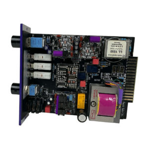 Purple Audio BIZ 500 Series Mic Preamp SN1537 circuit board with gold contacts, capacitors, resistors, relays, and transformer.