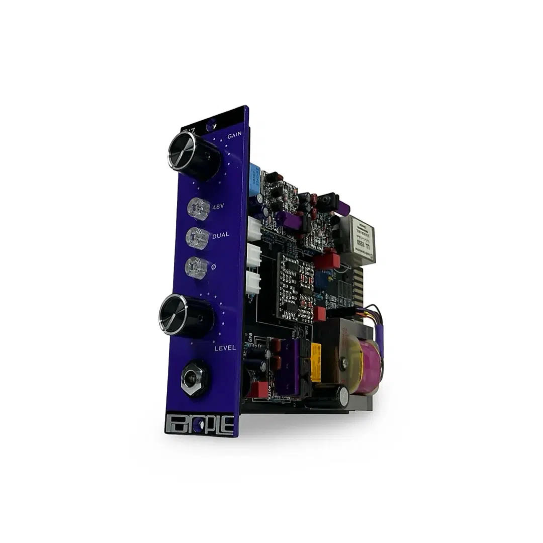 Preowned Purple Audio BIZ 500 Series mic preamp, purple panel, black GAIN/DUAL/LEVEL knobs, visible circuit board.