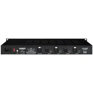Warm Audio BUS-COMP rackmount stereo VCA compressor rear: black, power input, fuse, six XLRs for L/R in/out.