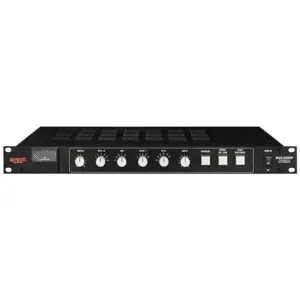 Warm Audio BUS-COMP black stereo VCA rackmount compressor, open box, with VU meter, control knobs, switches, and red logo.