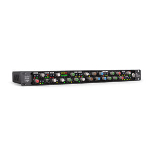 SSL Revival 4000 black rackmount channel strip with colored knobs, switches, and LED meters for pro analog mixing.