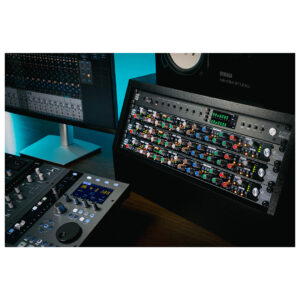 SSL Revival 4000 analog channel strip in a pro studio rack with vibrant gear panels, monitor speakers, and DAW screen.