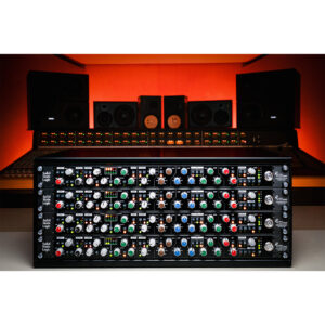 SSL Revival 4000 analog channel strip with colored knobs in rack, studio console and monitors, warm orange-lit pro studio.