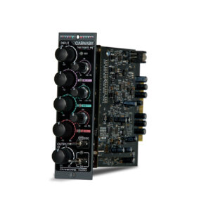 Cranborne Audio Carnaby 500 Harmonic EQ module with black knobs, colored rings, labeled I/O, exposed circuits, rackmount form.