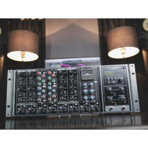 Cranborne 500R8 rackmount audio interface with various controls on desk, lit by two lamps, studio setup, blurred screen behind.