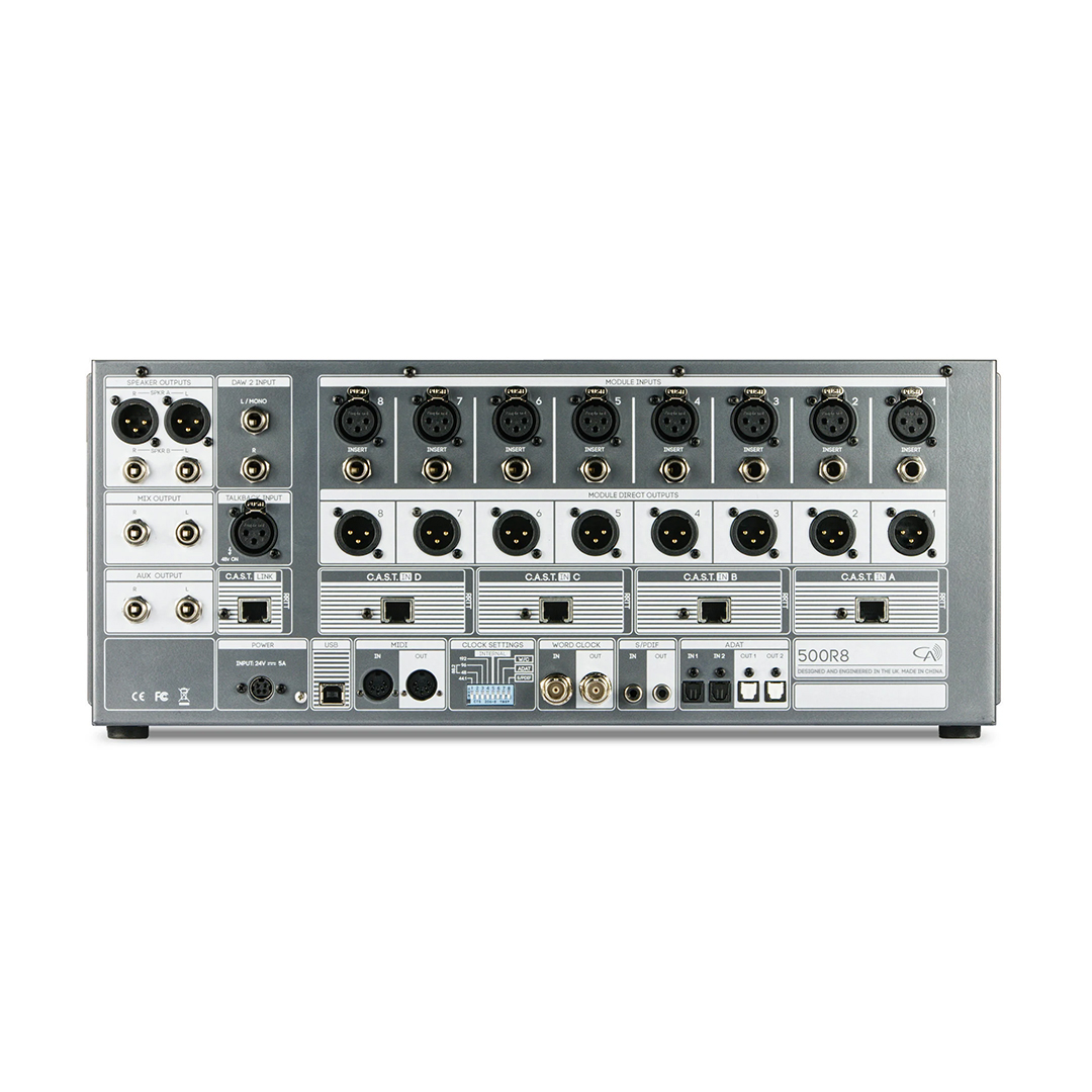 Cranborne 500R8 audio interface rear panel: black rackmount unit with XLR, RCA, and coaxial ports in labeled rows.