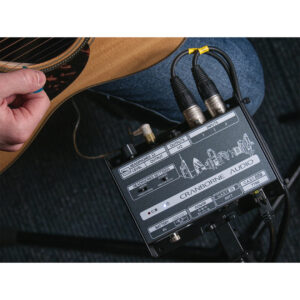 Musician with acoustic guitar beside Cranborne C.A.S.T. Intro Bundle; shows C.A.S.T connectivity, cables, and audio controls.
