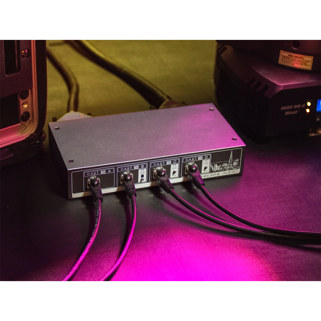 Cranborne C.A.S.T. Intro Bundle black control box with cables, labeled A-D, on a pink and yellow-lit surface; audio gear nearby.