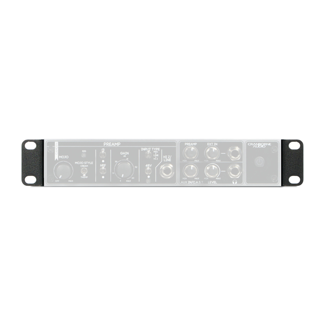 Cranborne Half-Rack Kit front view: black metal half-rack with knobs, switches, and I/O ports for pro audio control.