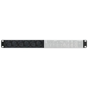 Cranborne black Half-Rack Kit panel left, partially covers half-rack audio interface with knobs and I/O ports right.