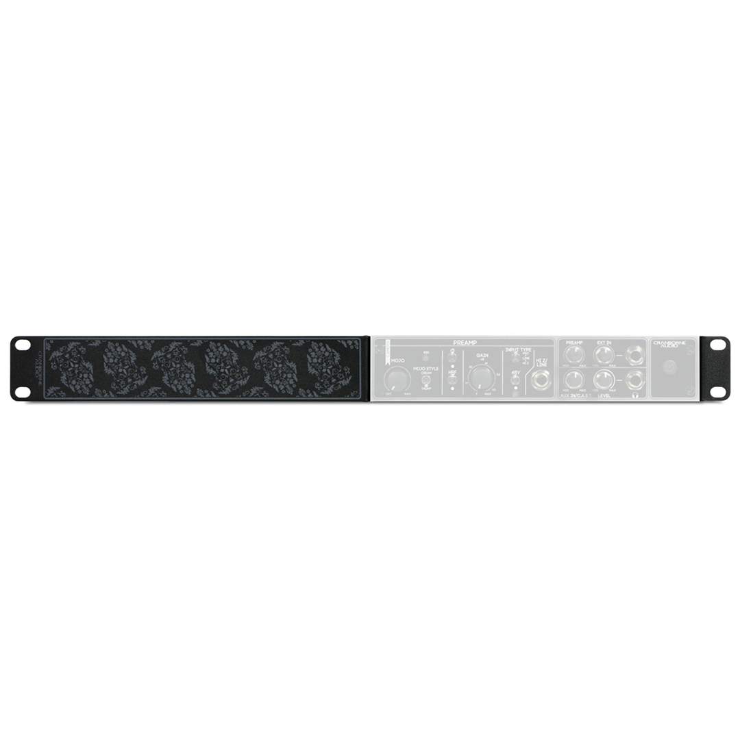 Cranborne black Half-Rack Kit panel left, partially covers half-rack audio interface with knobs and I/O ports right.