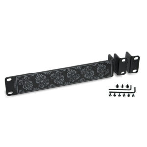 Cranborne Half-Rack Kit in black metal with floral accents, two mounting brackets, screws, and hex keys on white background.
