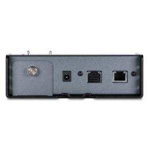 Cranborne Audio N22H rear panel: metallic finish, power input, locking latch, 2 data ports & Ethernet port in a horizontal row.