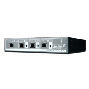 Cranborne N8 rackmount in black and silver with 4 front Ethernet ports labeled CAST IN/OUT A–D, city skyline engraving.