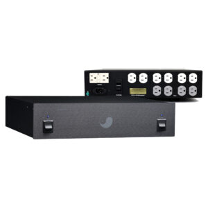 Equitech 1R black rackmount power manager with minimalist front, dual switches, rear outlets, and multiple connection ports.