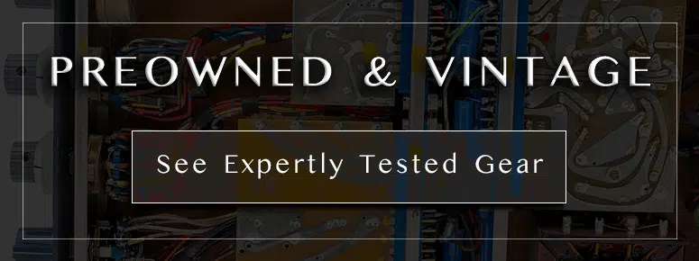 PREOWNED & VINTAGE banner, “See Expertly Tested Gear” button, audio components background by Providence Sound And Vision.