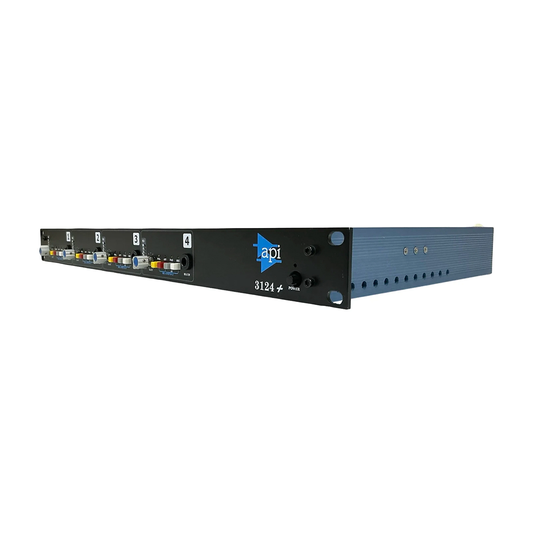 Preowned API 3124+ 1U rackmount preamp, black/blue, SN 909.3086, with front I/O ports, shown on white background.