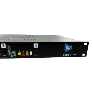 Preowned black API 3124+ rackmount mic preamp with control knobs, buttons, LED indicators, and right-side power button.