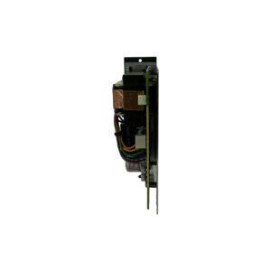 API 512v SN 0390.16 preowned green PCB microphone preamp board with capacitors, relays, wiring, side view.