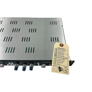 API TCS-II Channel Strip B Stock, metal rackmount with vents and knobs, tan inspection tag listing test stages attached.