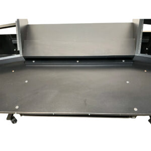 Preowned Argosy Console Dual 15k Workstation Desk, black, with raised back panel, angled sides, and exposed screws.
