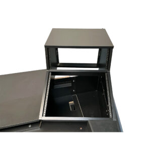 Preowned Argosy Console Dual 15k black metal workstation desk with open rack slot and raised rectangular frame, top view.