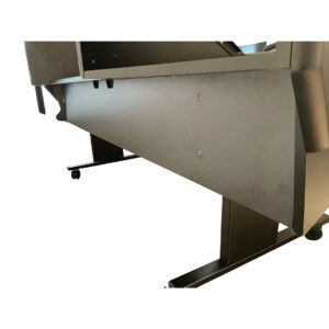 Argosy Console Dual 15k Workstation Desk underside: visible screws, metal support rail, caster wheels; preowned condition.