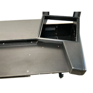 Preowned Argosy Dual 15k black workstation desk with angled AV rack mounts, slots, and sleek top—great value alternative.