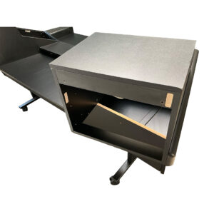 Preowned Argosy Console Dual 15k black desk, wheeled cabinet, open front, slanted shelf. Shown on white background.