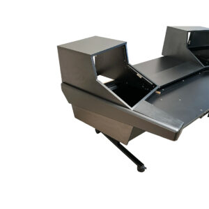Preowned Argosy Dual 15k workstation desk with angled rackmounts, flat surface, black finish, on white background.