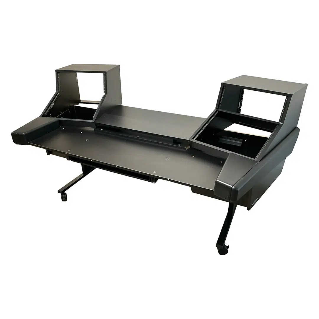 Argosy Dual 15k workstation desk, preowned, with angled rackmounts, large top, sturdy legs on casters; black finish.