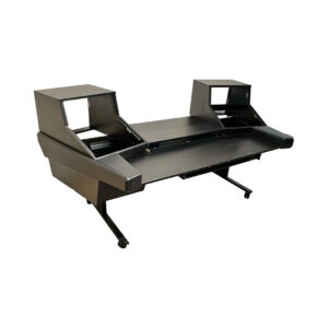 Preowned Argosy Console Dual 15k desk with dual elevated racks, large center surface, and sturdy metal legs; ideal for studios.