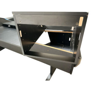 Preowned Argosy Console Dual 15k black metal workstation desk frame with angled gear bay, shown on a white background.