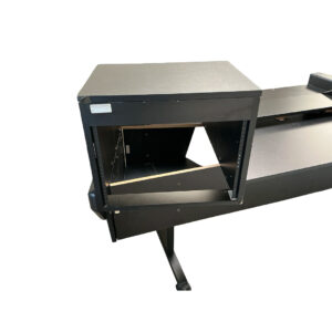 Preowned Argosy Console Dual 15k black workstation desk with open side cabinet, internal shelves, and metal frame.