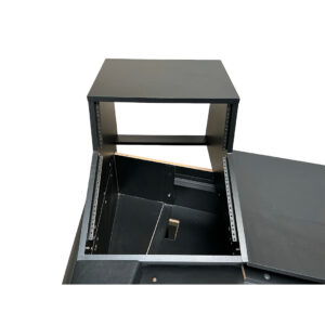Argosy Console Dual 15k black rackmount workstation desk, angled surface, open lid showing rails. White background. Preowned.