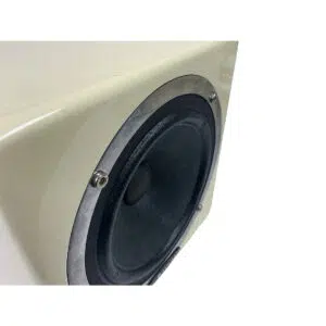 Avantone MixCube Passive Pair, black cones in glossy off-white cabinets with metallic screws, preowned, shown on white background.