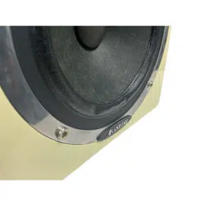 Avantone MixCube Passive Pair speakers, preowned, silver trim, Avantone logo, mounted on cream surface, SN P07796/P07797.